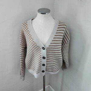 SO Womens XS Cardigan Sweater Geometric Stripe Patchwork V Neck Button Front